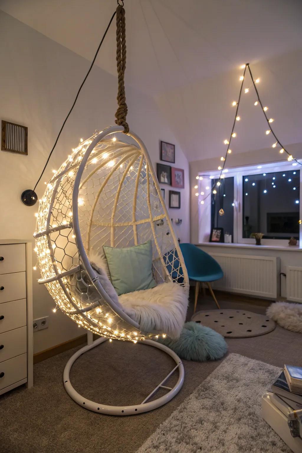A suspended chair featuring LED embellishments offers a chic seating preference.