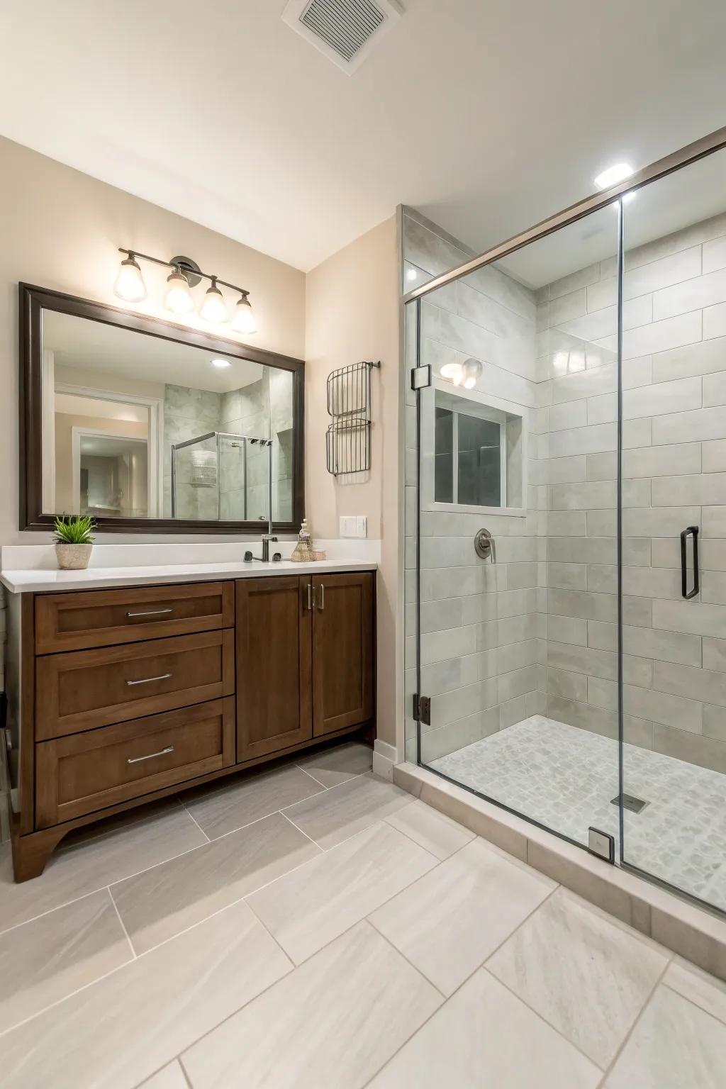 A seamless transition elegantly blends the floor and shower area.