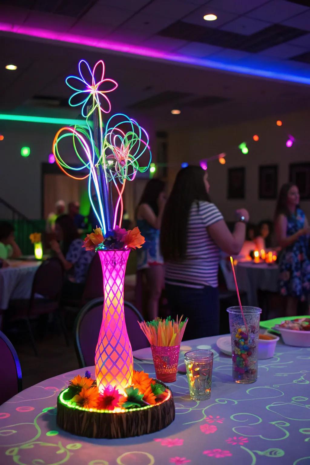 Neon-lit centerpieces electrify the party's vibe.