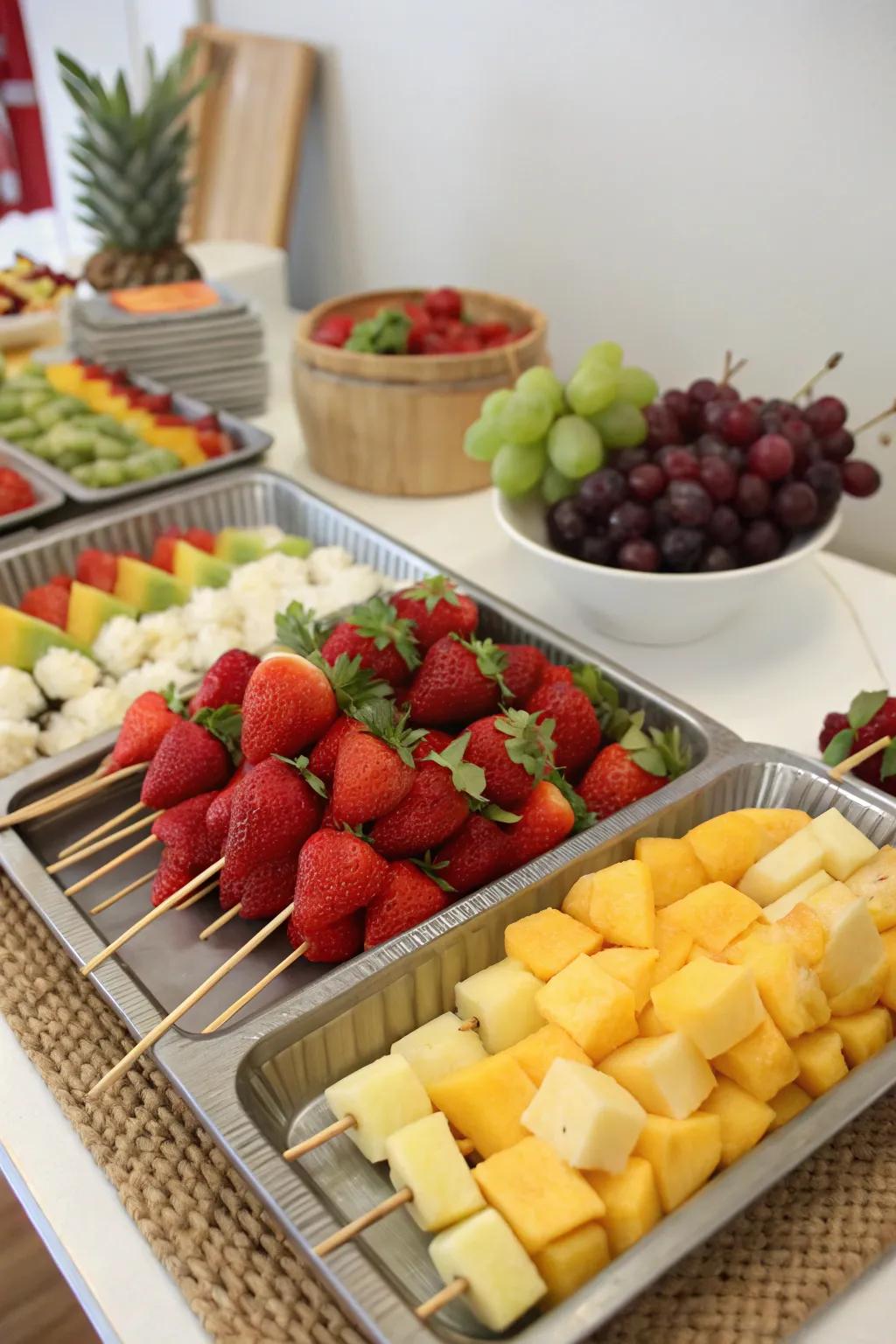 An interactive food skewer station contributes a playful element to your pool party.
