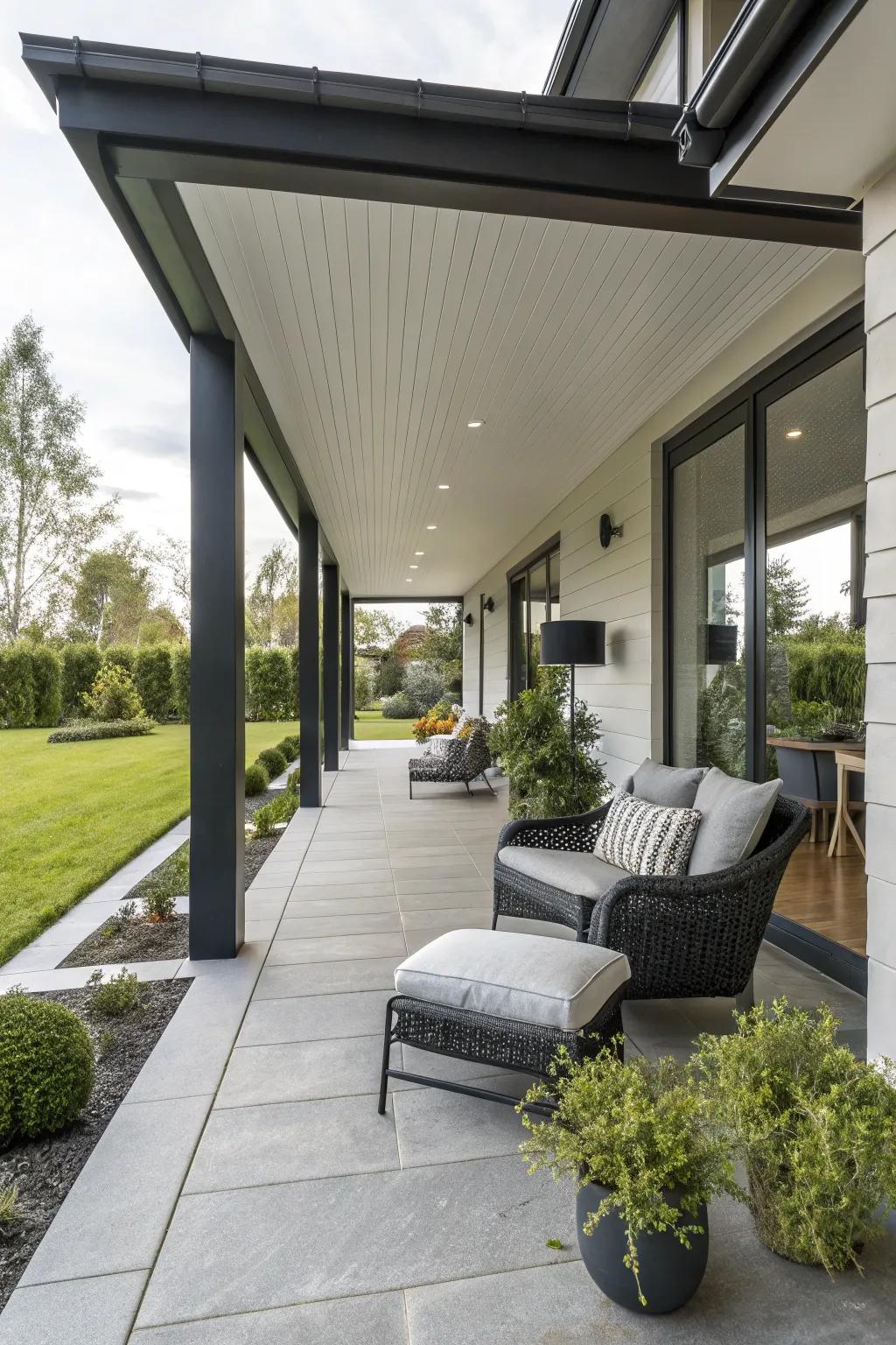 A sheltered spot enhances the practicality and style of a contemporary porch.