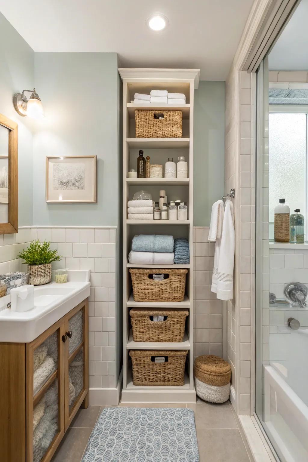 Vertical storage solutions optimize space devoid of cluttering the floor.