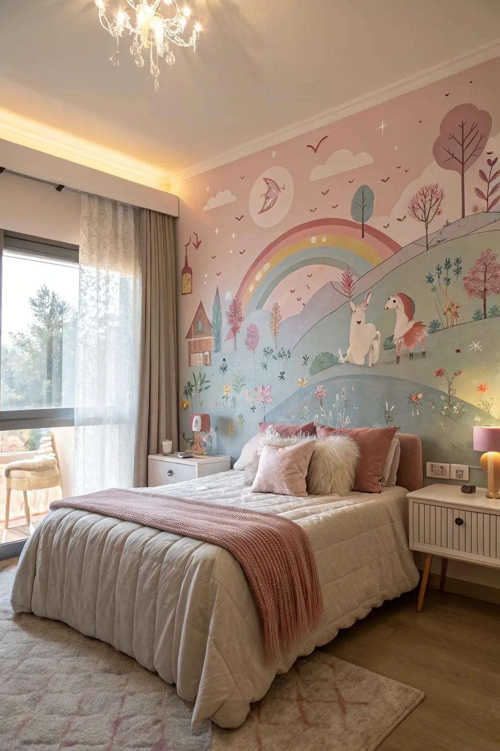 A whimsical wall mural creates a stunning focal point and sparks imagination.