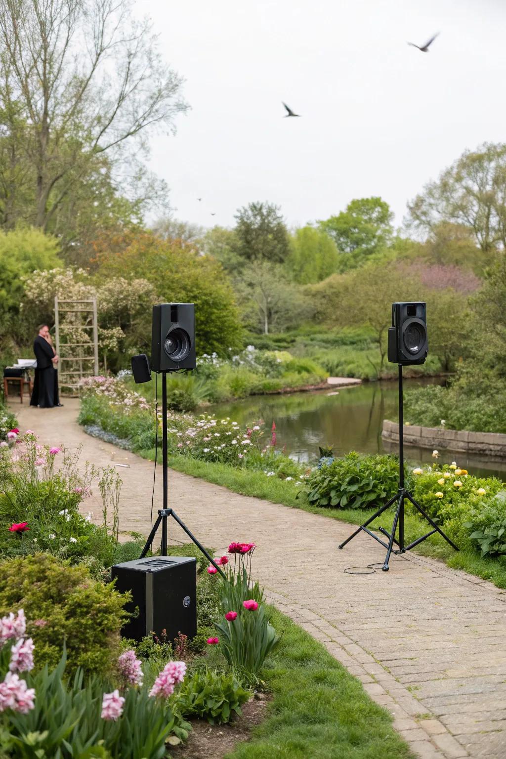A serene garden ambiance enhanced by soothing music.