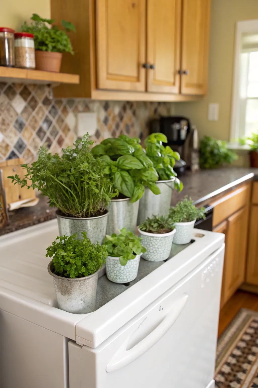 A miniature herb garden provides fresh ingredients and ornamentation.