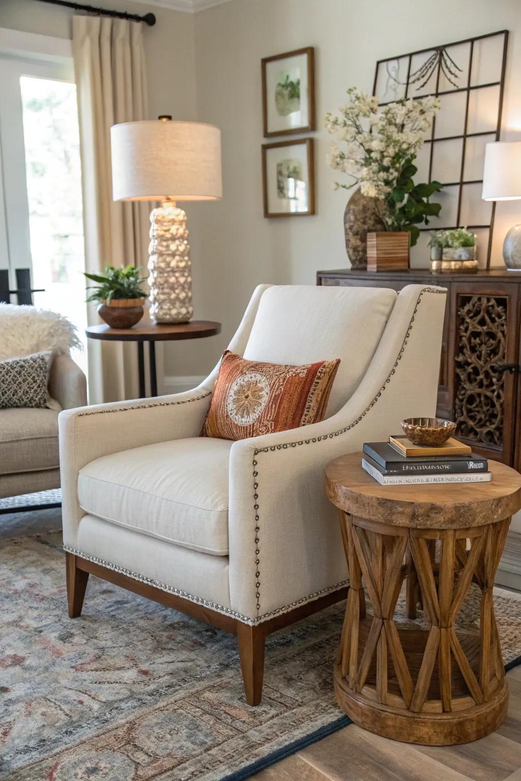 A modern chair paired with rustic decor creates an eclectic charm.