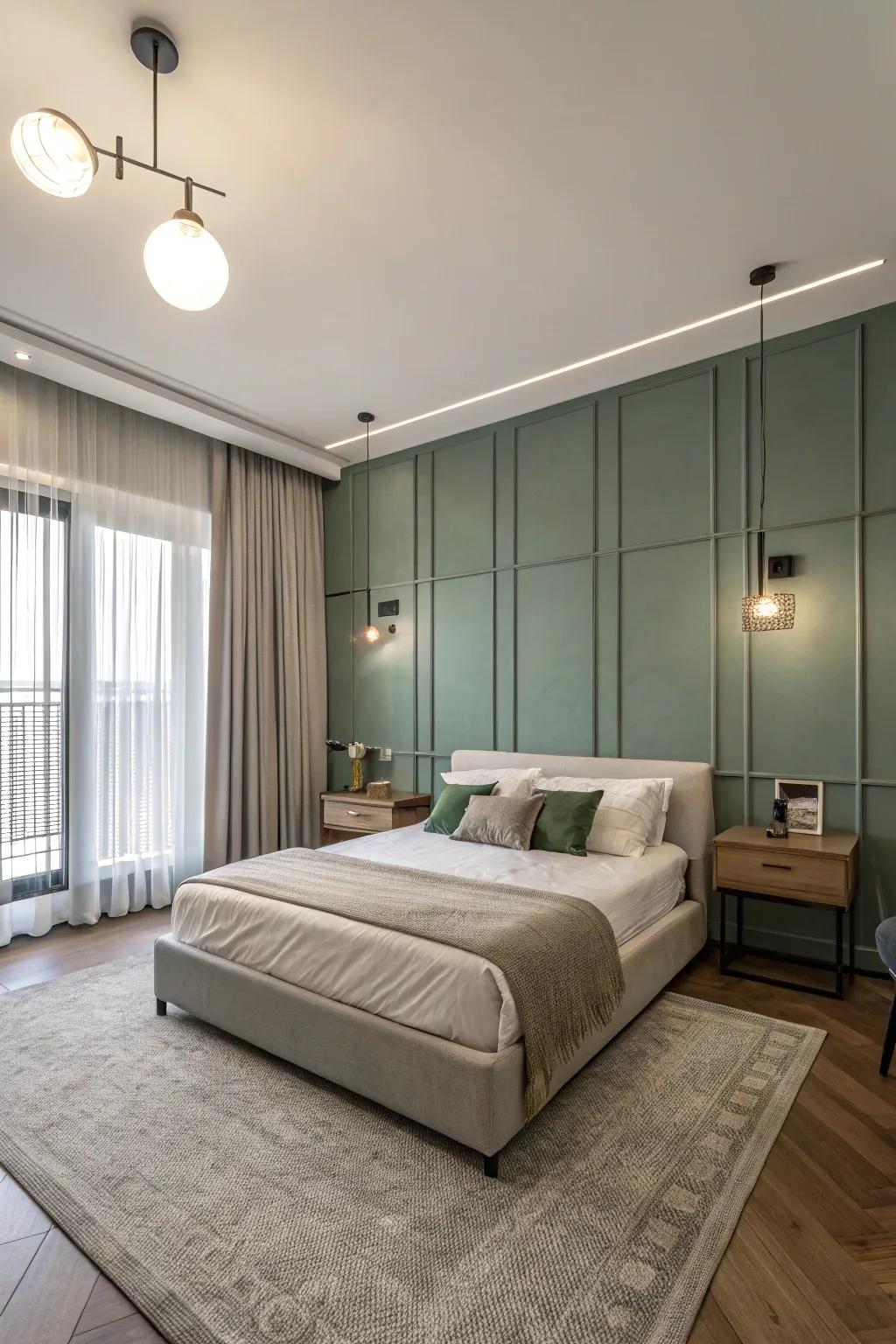 A minimalist feature wall delivers a pristine and refined aesthetic.