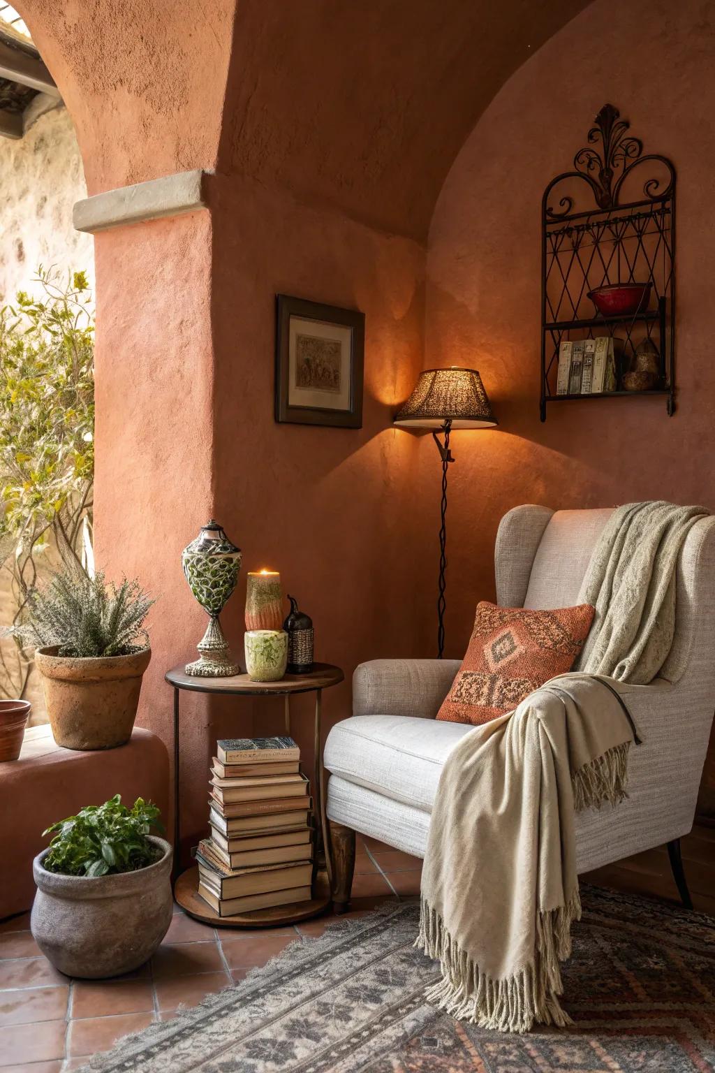 A cozy reading corner with a warm earthy feature wall.