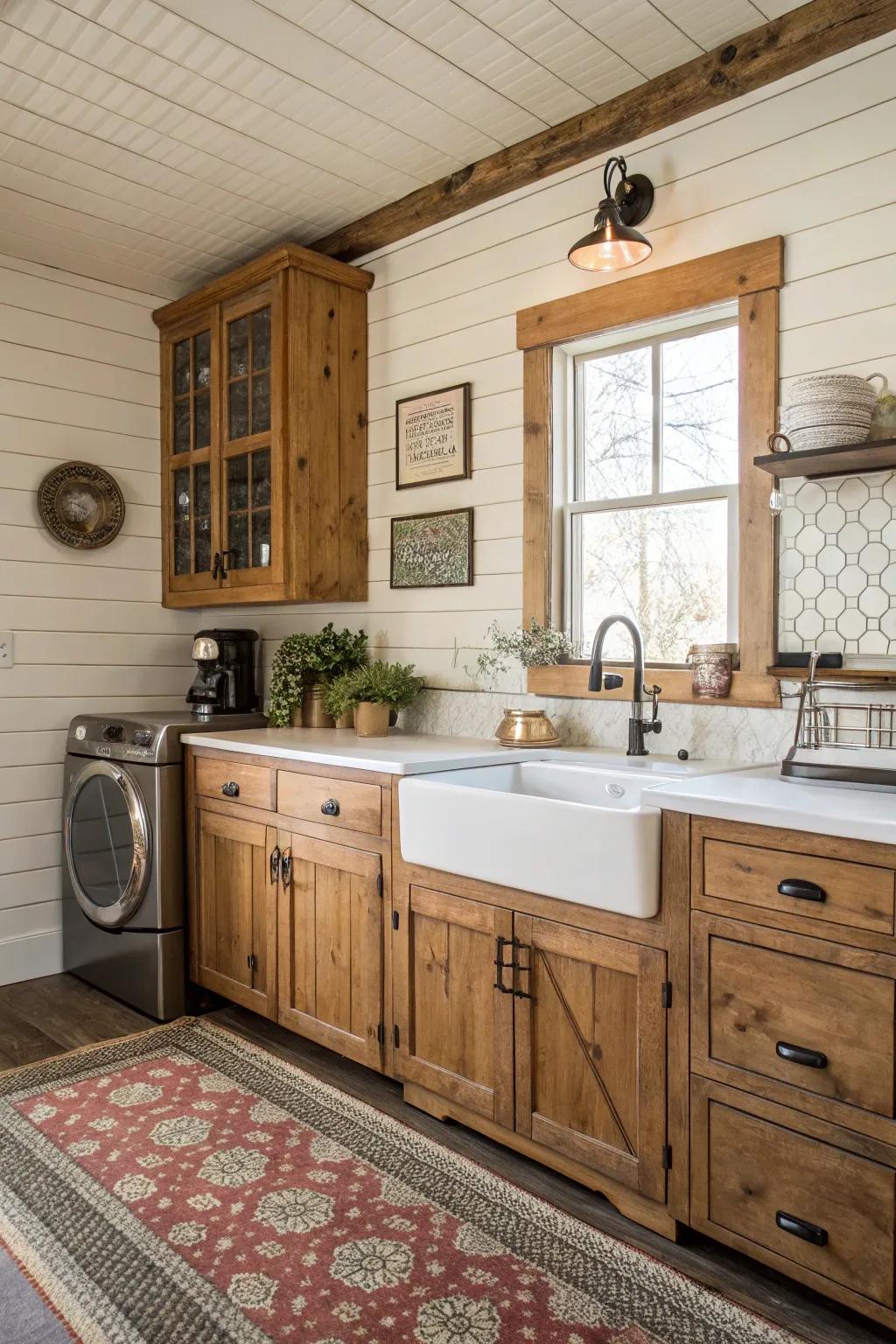 A cooking area enhanced by a classic shiplap feature wall.