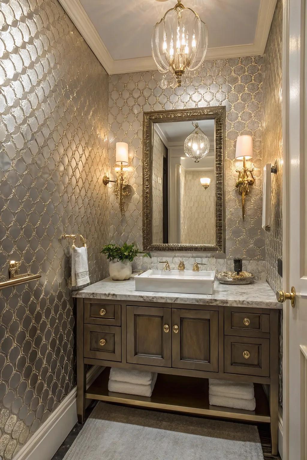 Luxurious wallpaper adds sophistication to a small powder room.