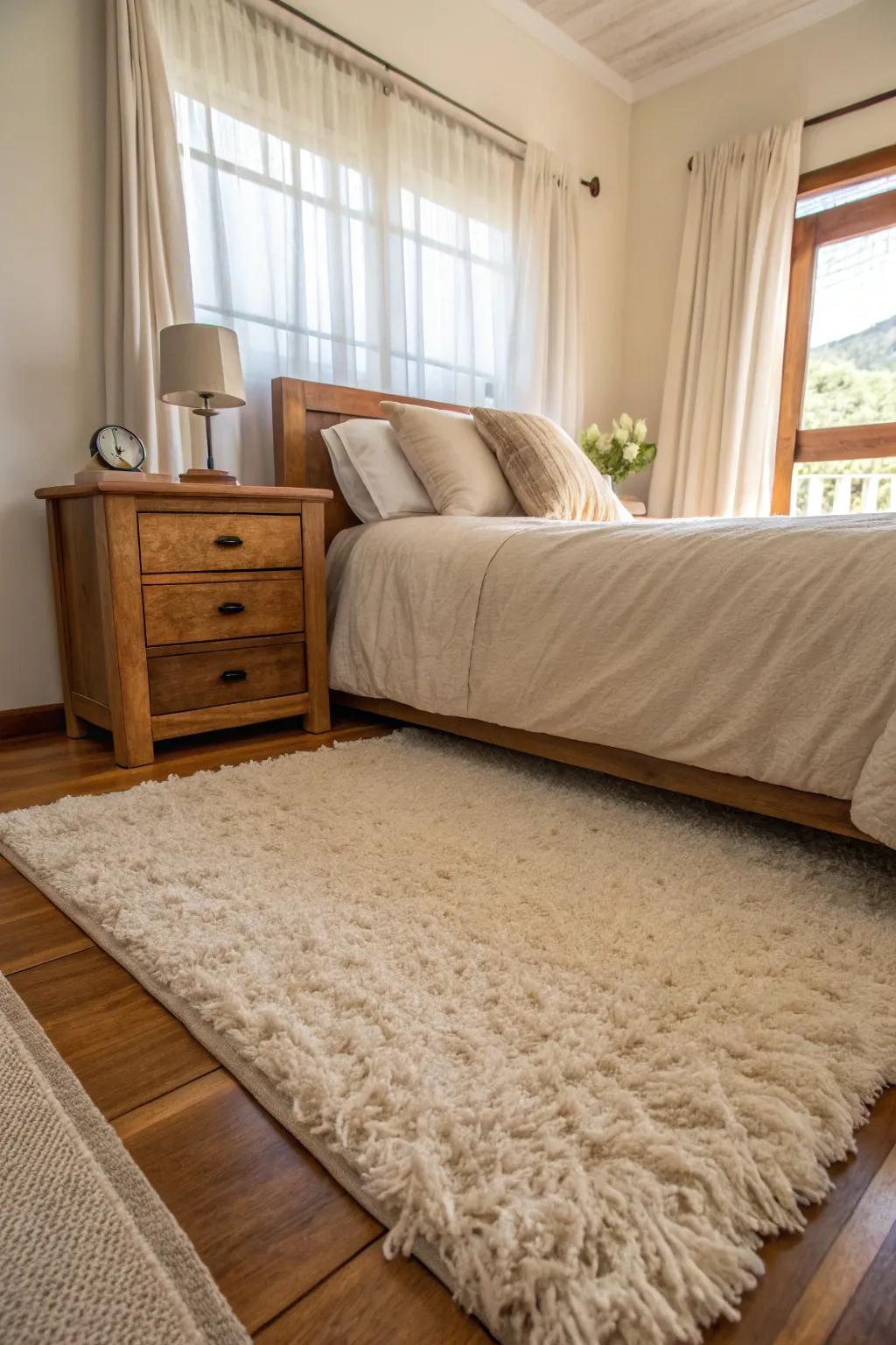 The ambiance is enriched with warmth and tactile appeal through the addition of soft floor coverings.
