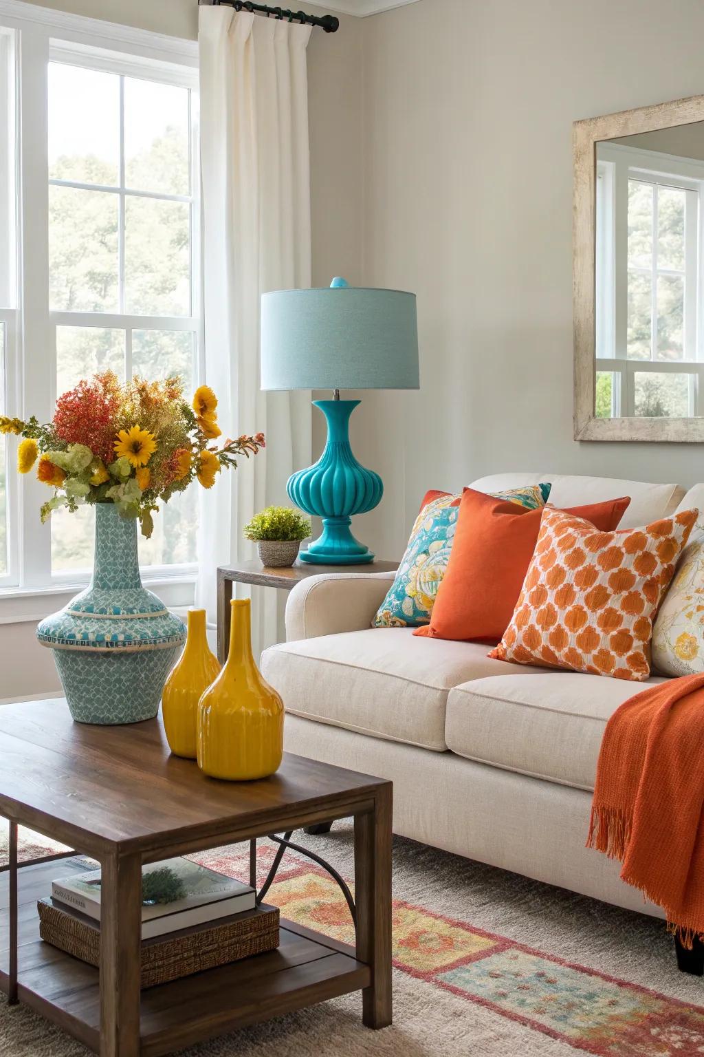 A lively living space featuring surprising bursts of color.