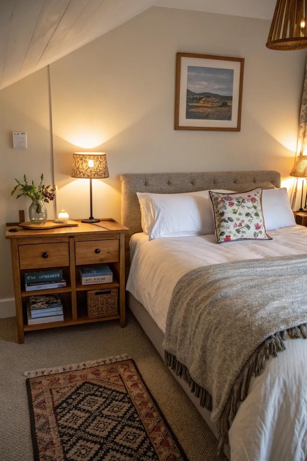Functional items improve convenience and comfort in an Airbnb bedroom.