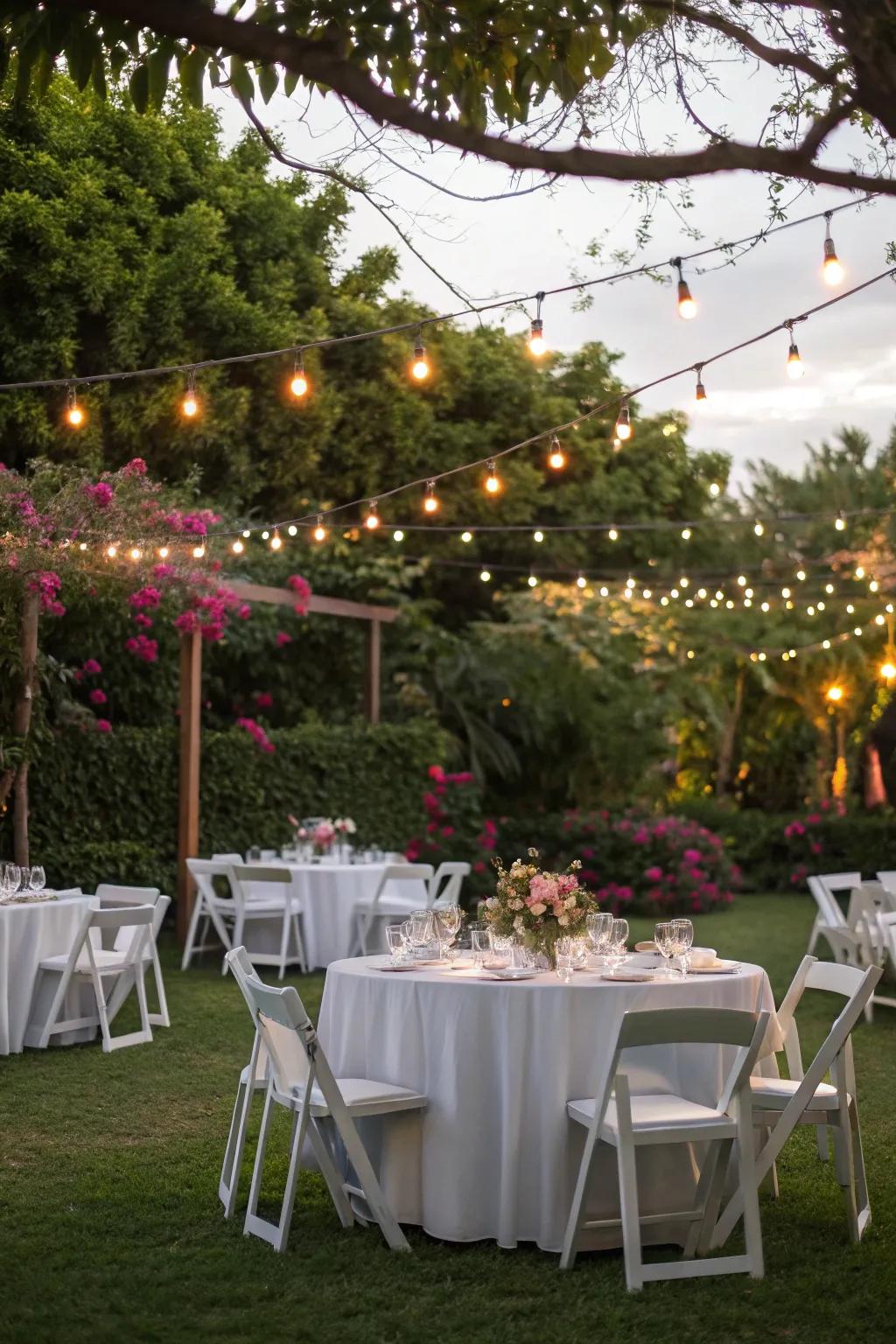 An outdoor all-white dinner setup is both magical and inviting.