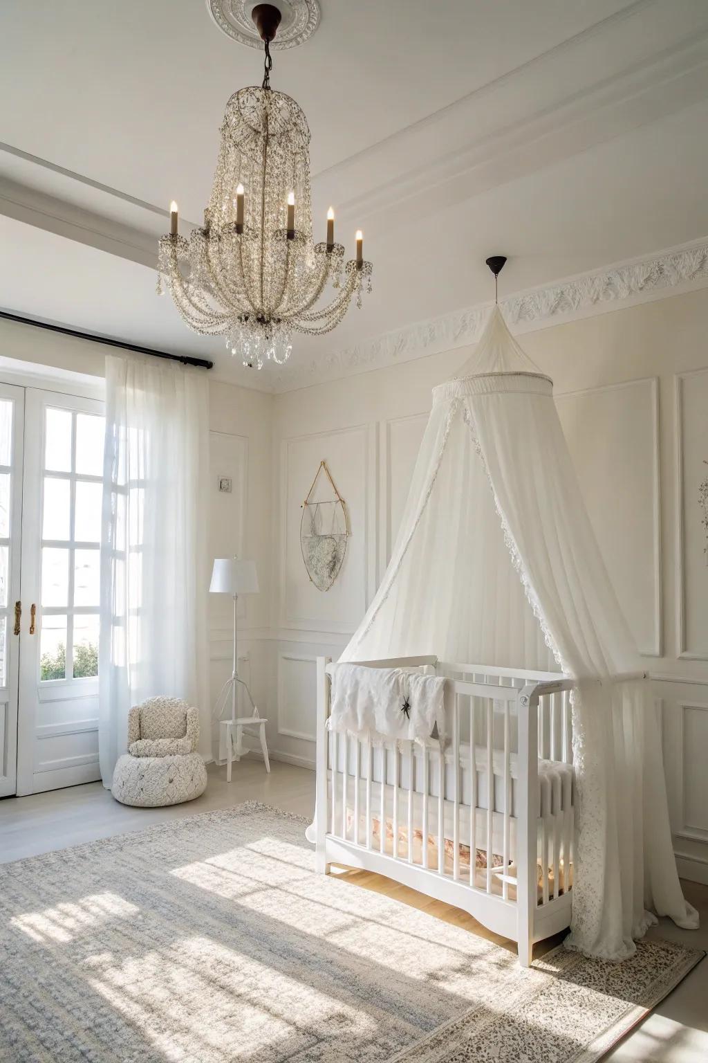 Ornamental lighting introduces sophistication to a white nursery.