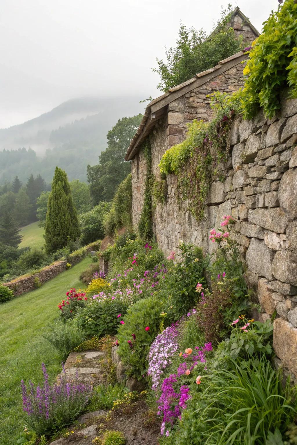 A rustic stone wall that doubles as a stunning planter.