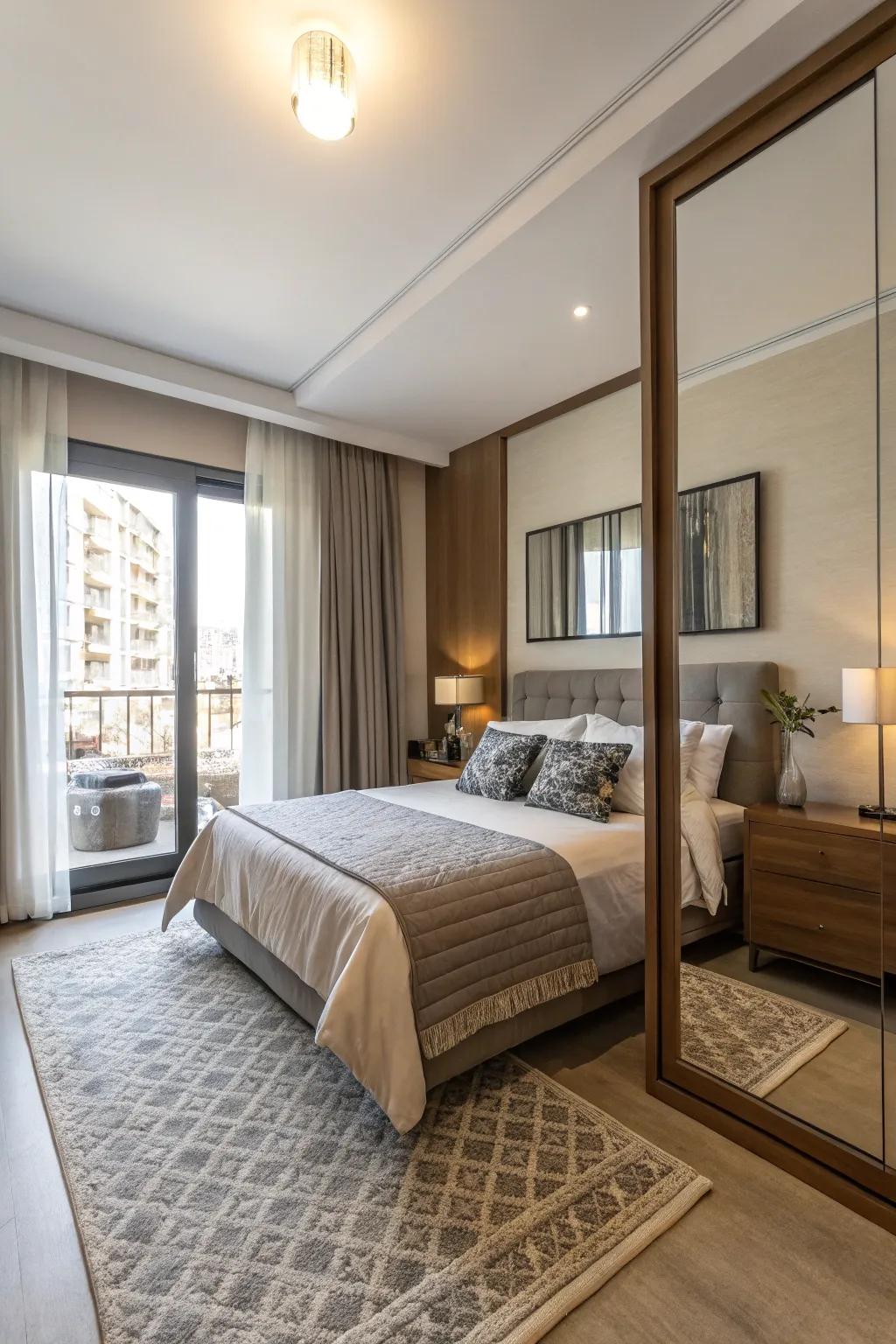 An apartment bedroom featuring a thoughtfully positioned mirror that reflects sunlight.