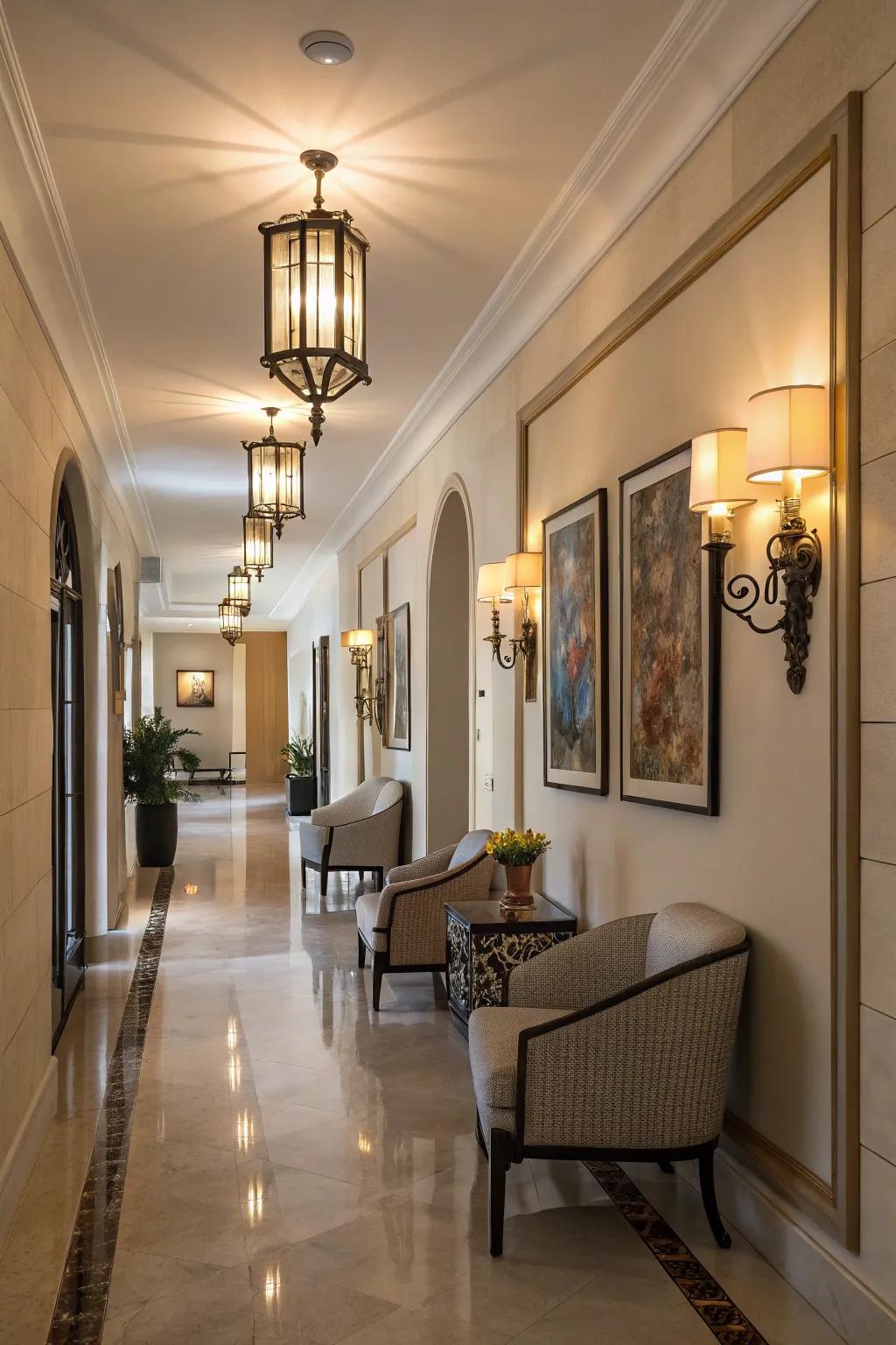 A hallway brightened by stylish wall light fixtures.