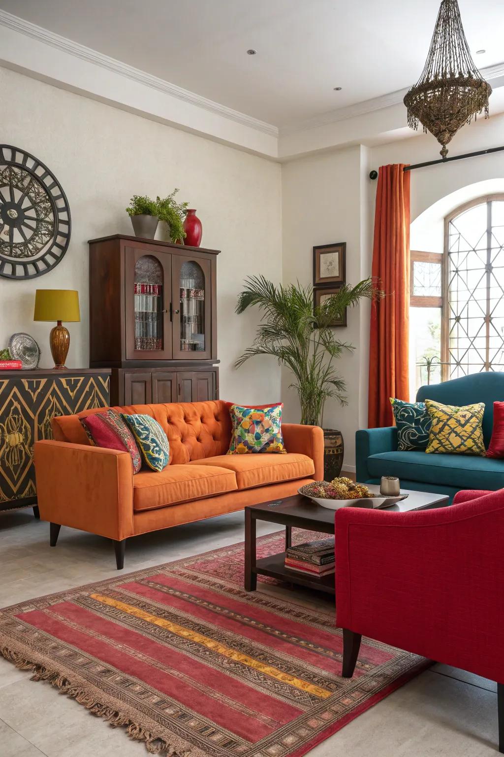 A vibrant living room with striking contrasts in color and material.