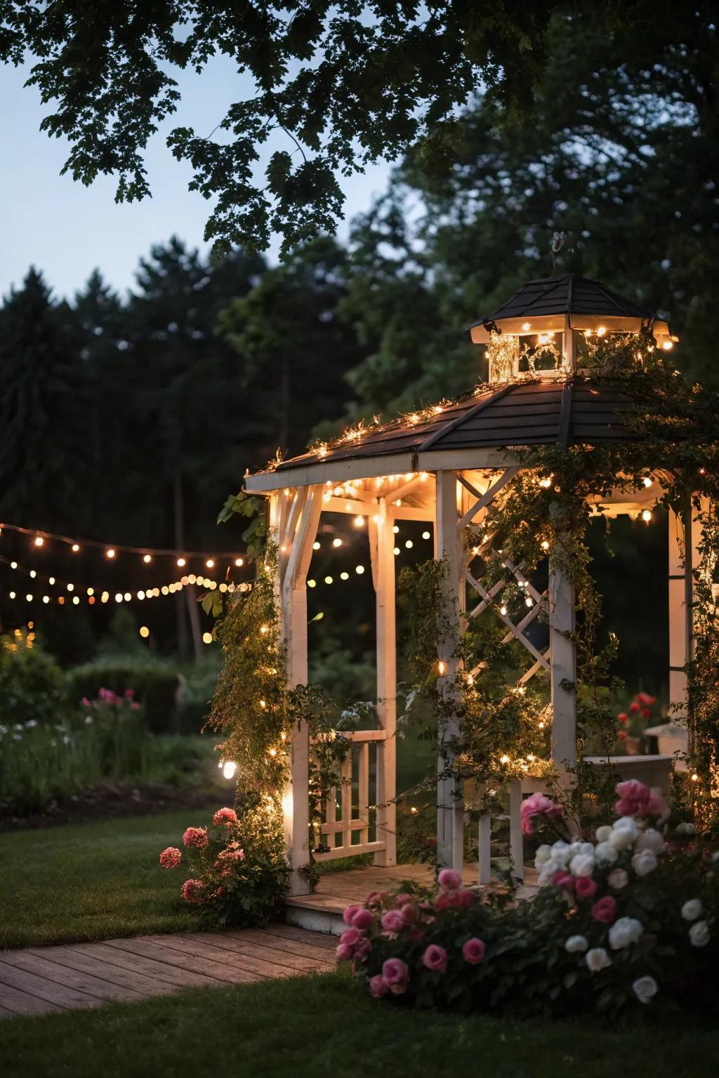 String lights transform a pergola into a magical night-time feature.