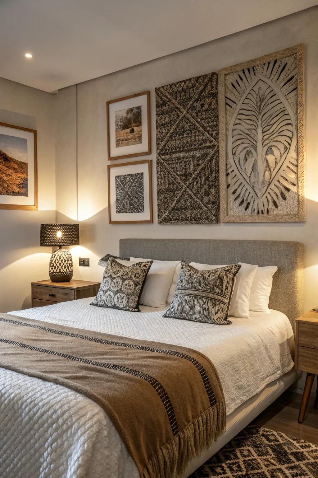 Incorporate depth through textured art pieces.