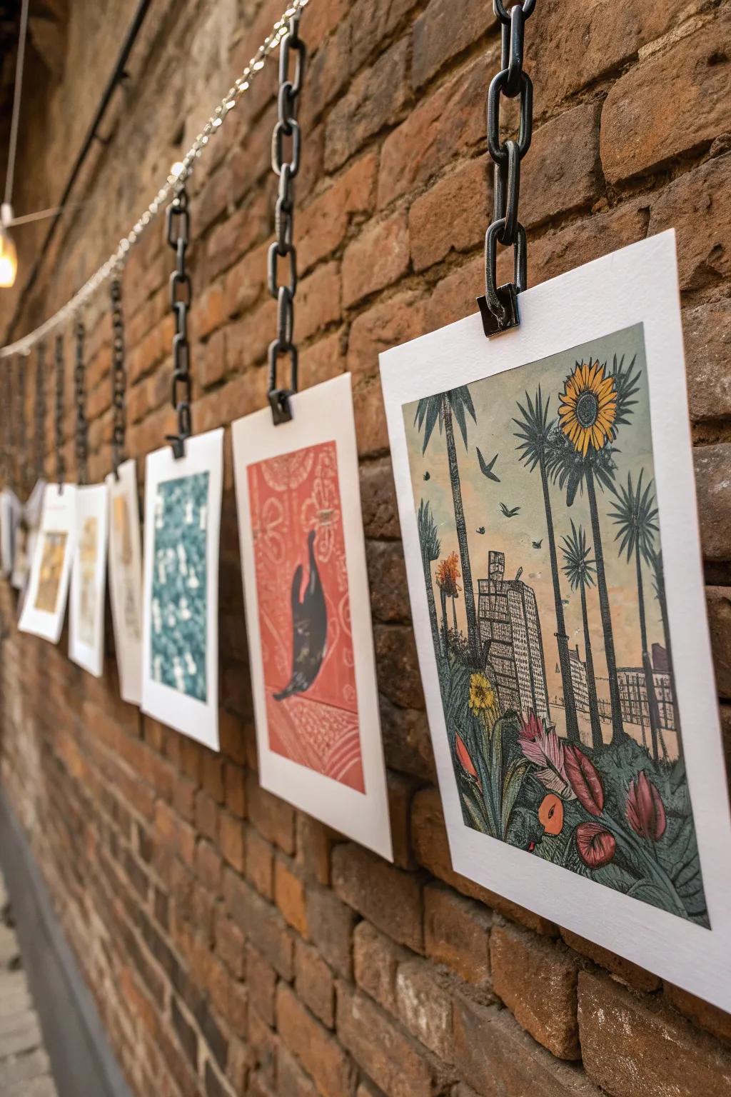 Art prints suspended from chains, exemplifying an industrial aesthetic.