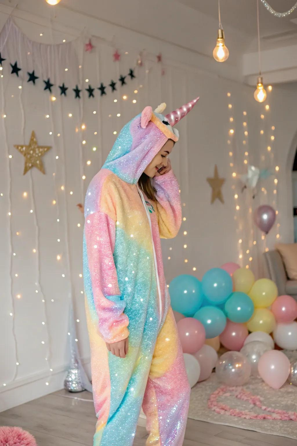 Introduce a splash of color with a multicolored unicorn attire.
