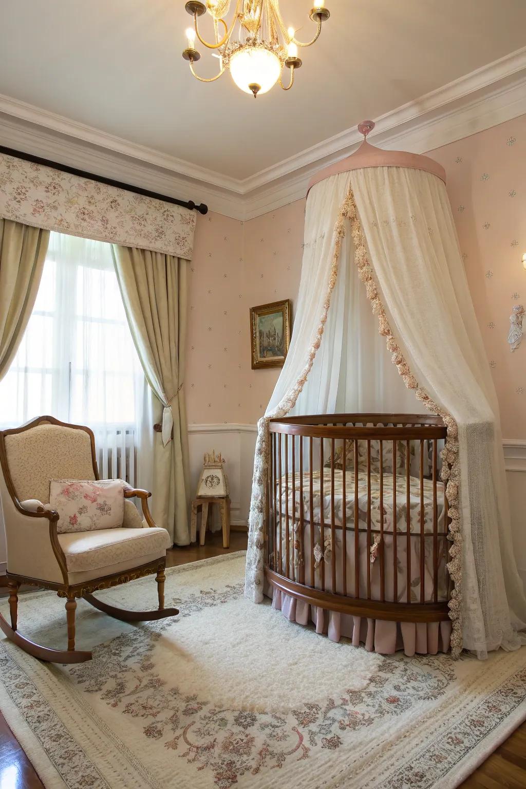 A drape over the cot adds elegance and defines the baby area as a comfortable space.