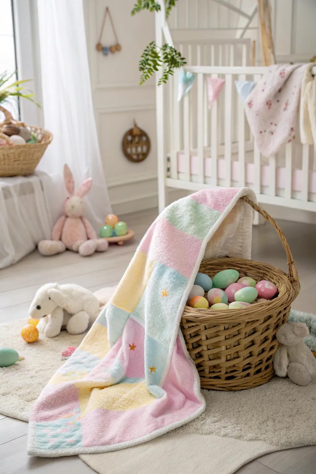 A soft wrap contributes warmth and flair to an Easter basket.