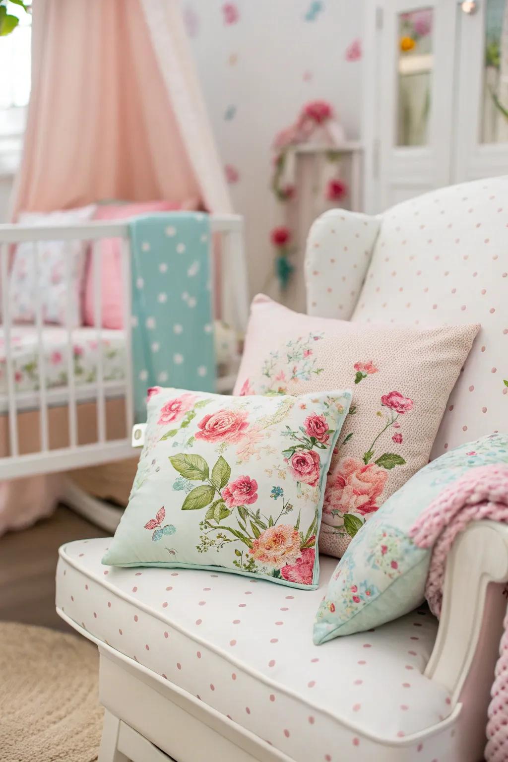 Floral cushions add a splash of color and texture.