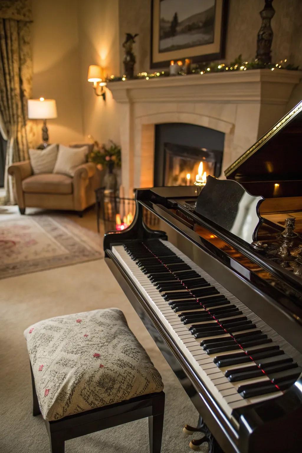 A fire source injects warmth and allure into the piano's setting.