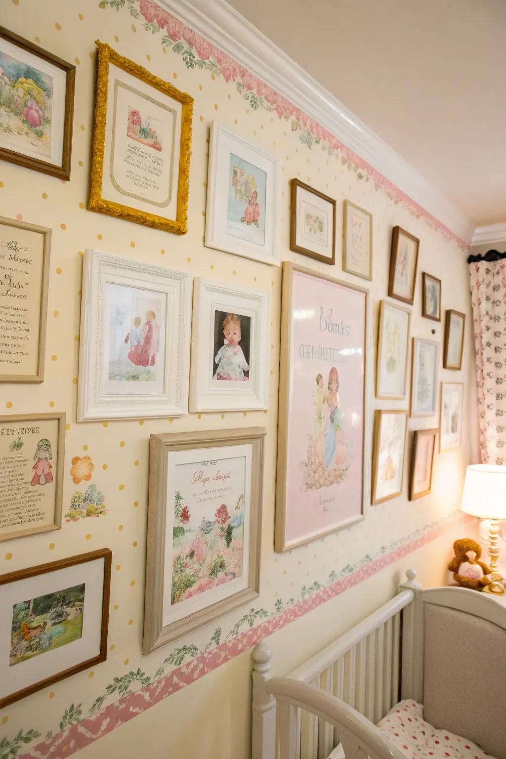 Vintage illustrations include nostalgic charm to the picture wall.