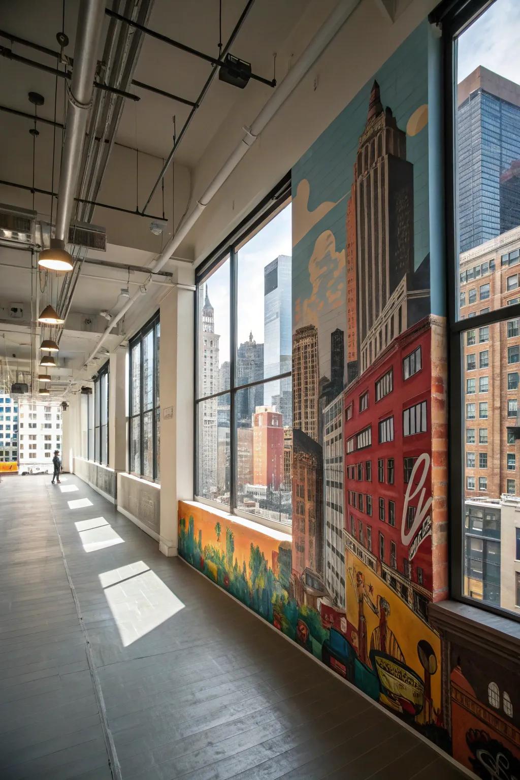 An urban mural displaying street art or cityscapes in a loft.