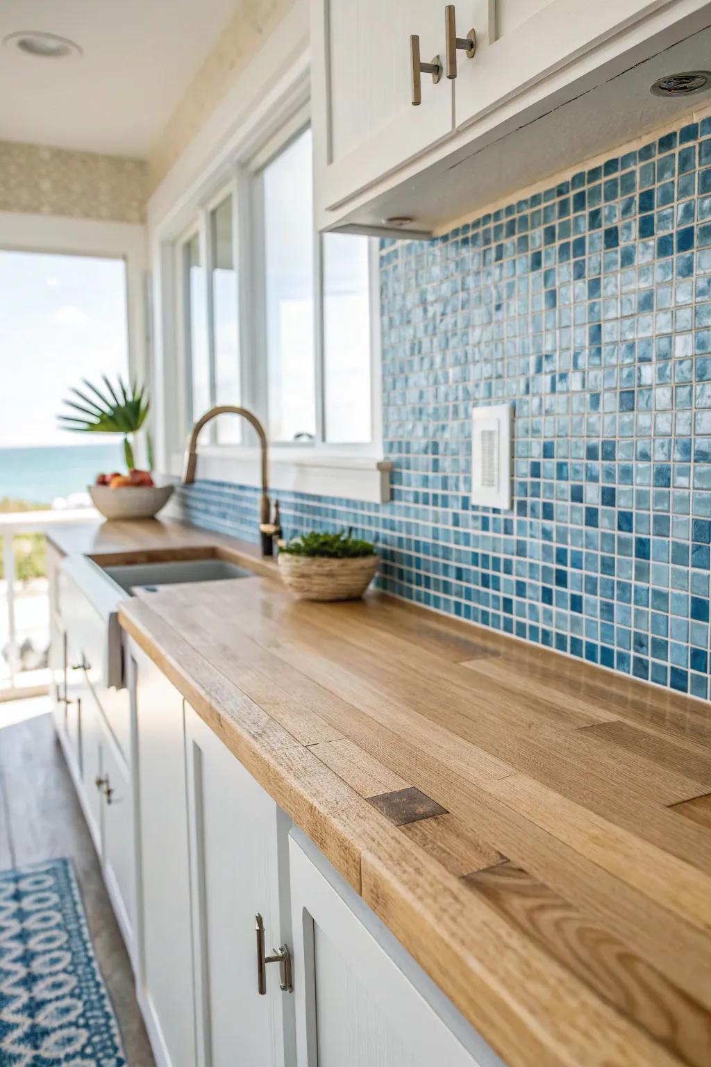 Capture shoreline calmness through an azure mosaic backsplash.