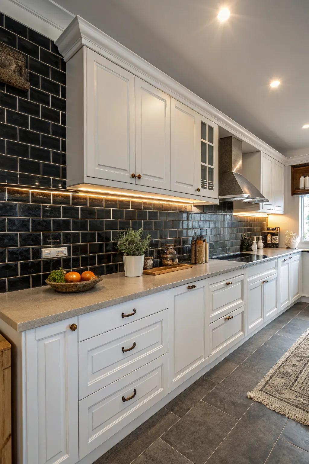 Deep backsplashes fashion a dramatic contrast in this white kitchen.