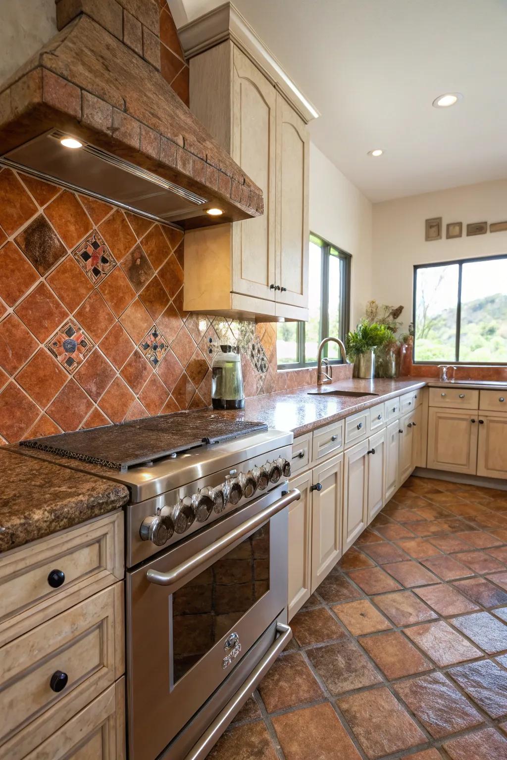 Clay tiles accentuate the natural hues of fantasy brown granite.