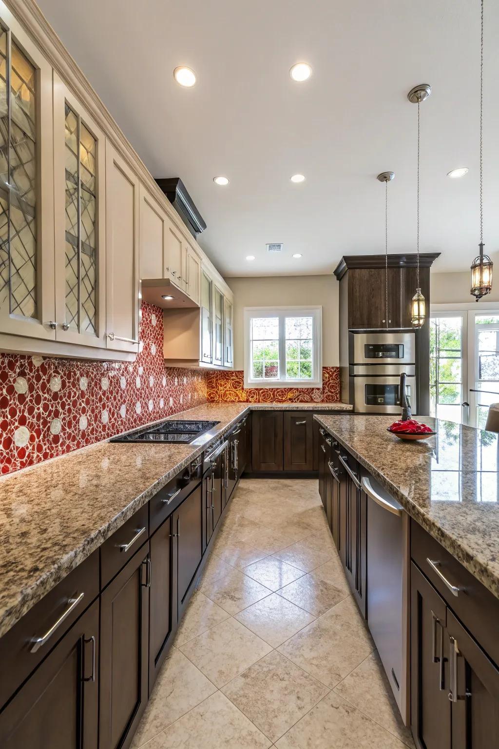 Bold backsplash designs ground spacious kitchen areas.