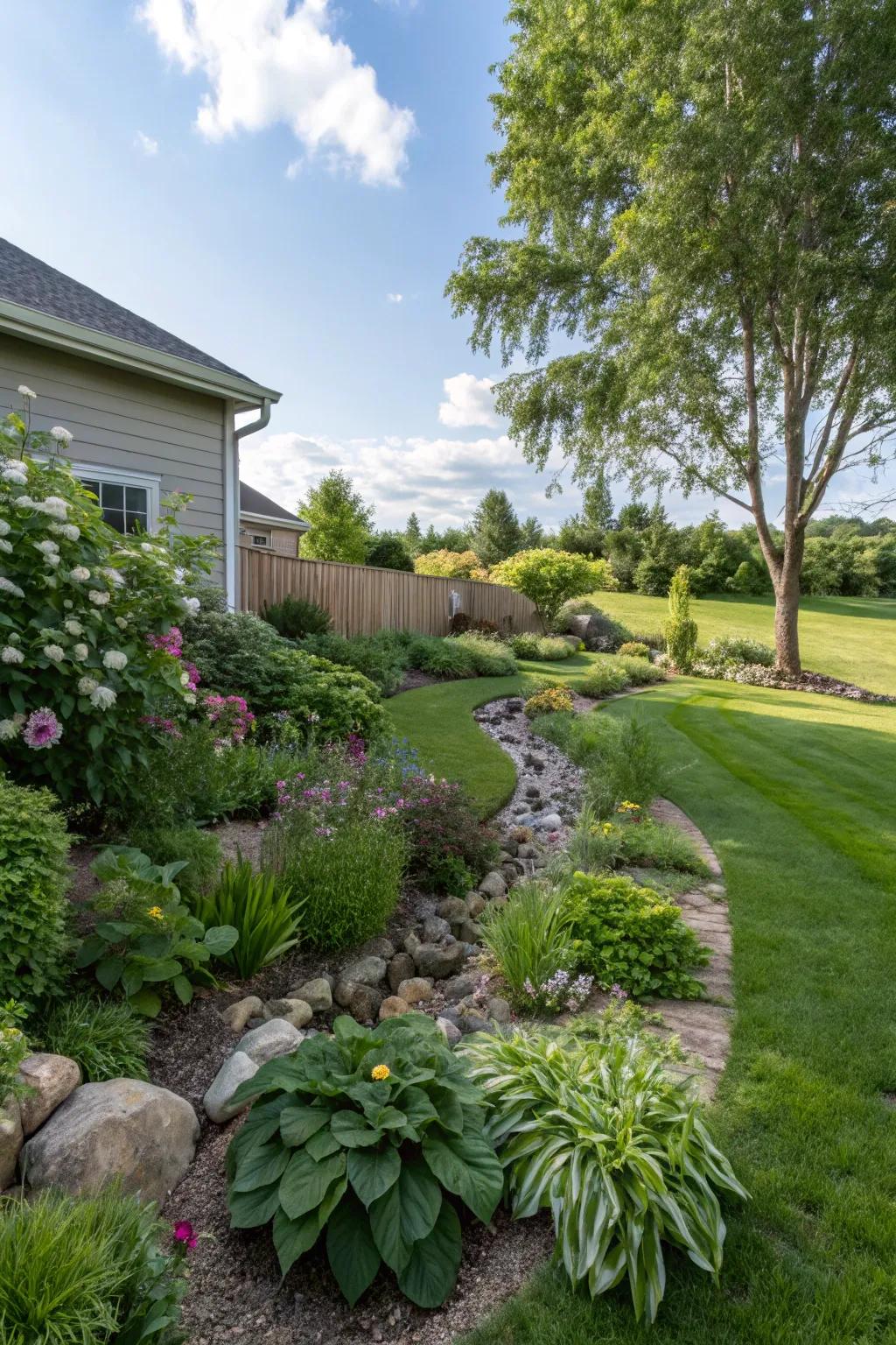 A beautifully landscaped contour terrace managing water flow naturally.