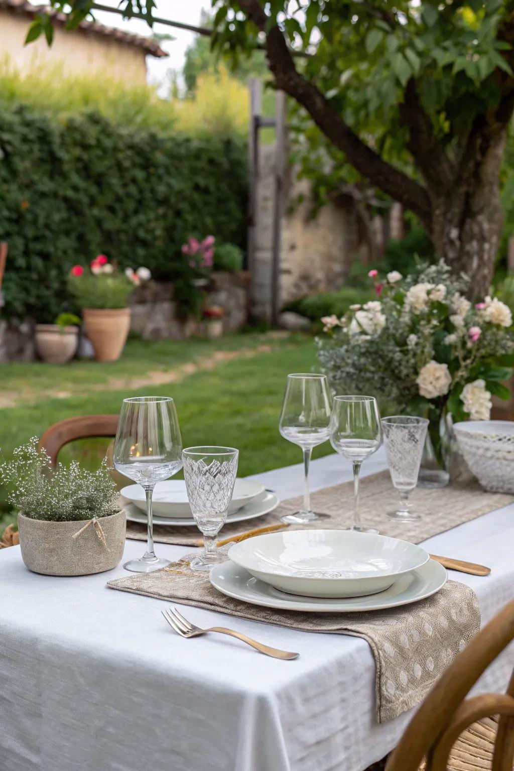 Elegant stemware adds a touch of sophistication to outdoor dining.