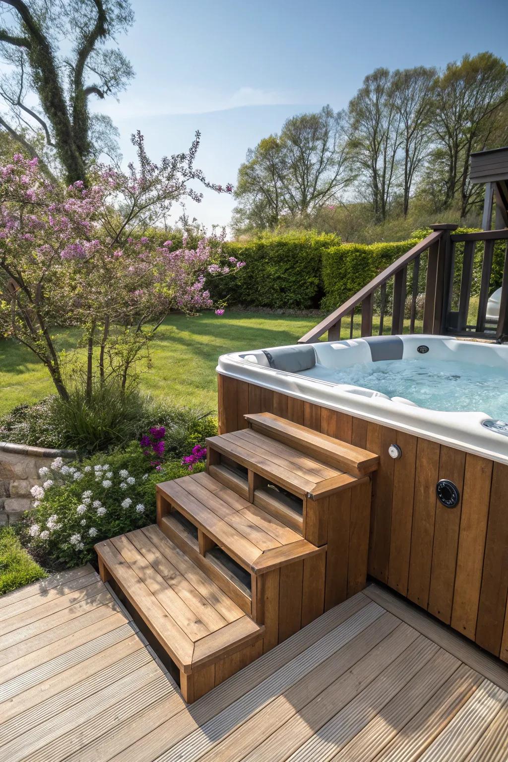 Steps not only enhance access but also add a design element to your spa tub.