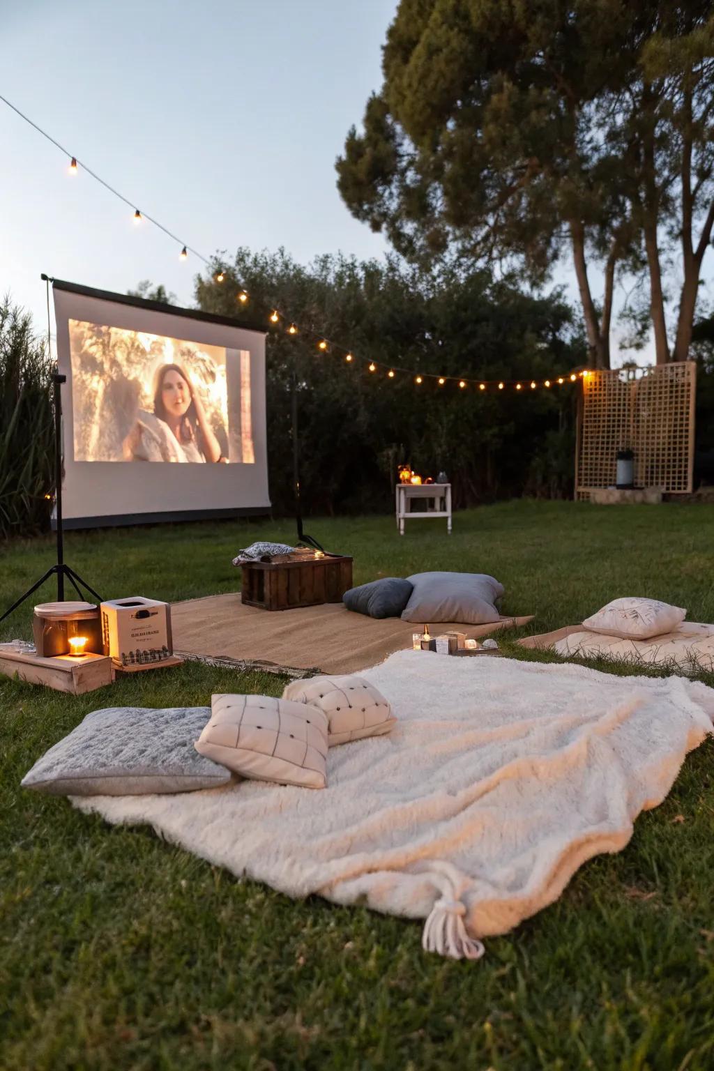 An outdoor cinema setting encourages movie nights under the stars.