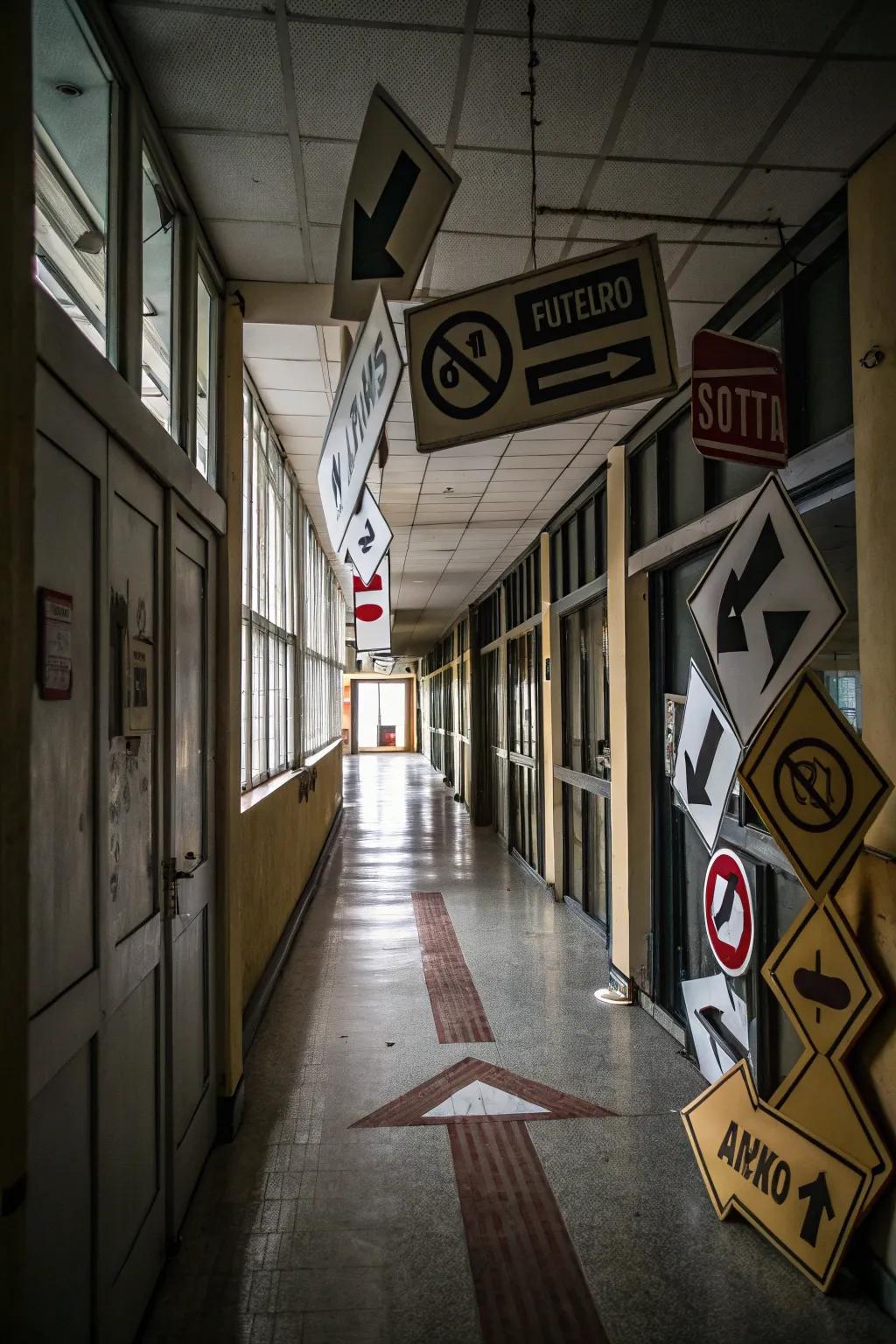 A hallway featuring multiple signs that give contradictory directions.