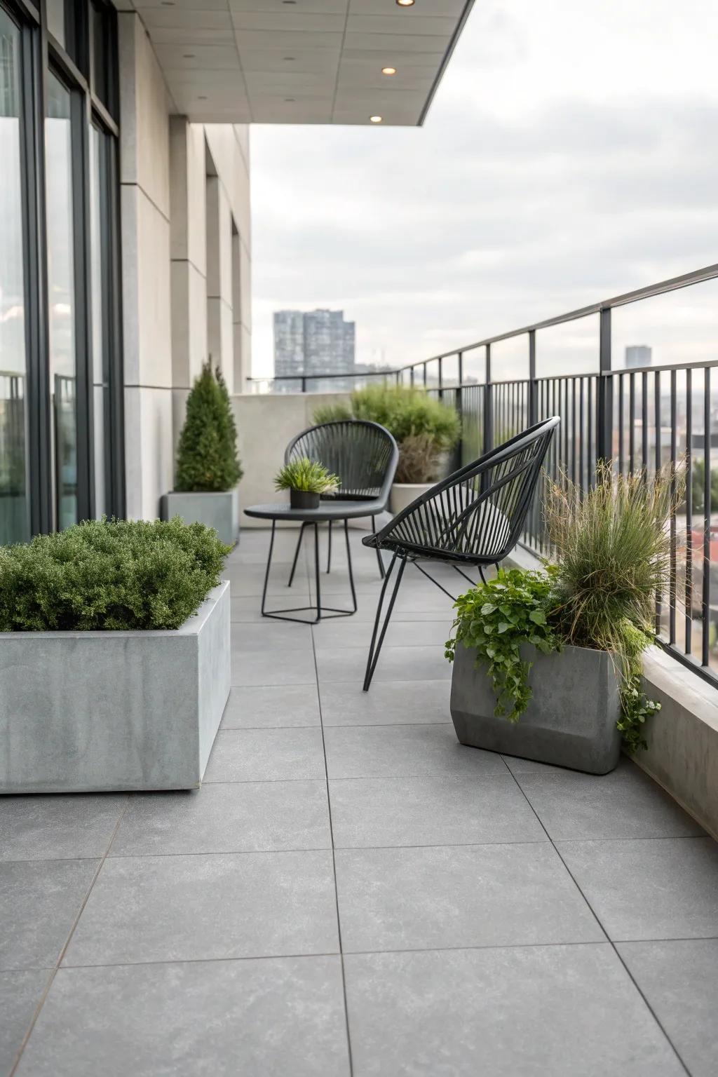 Concrete-look flooring adds an urban edge with a smooth, modern finish.
