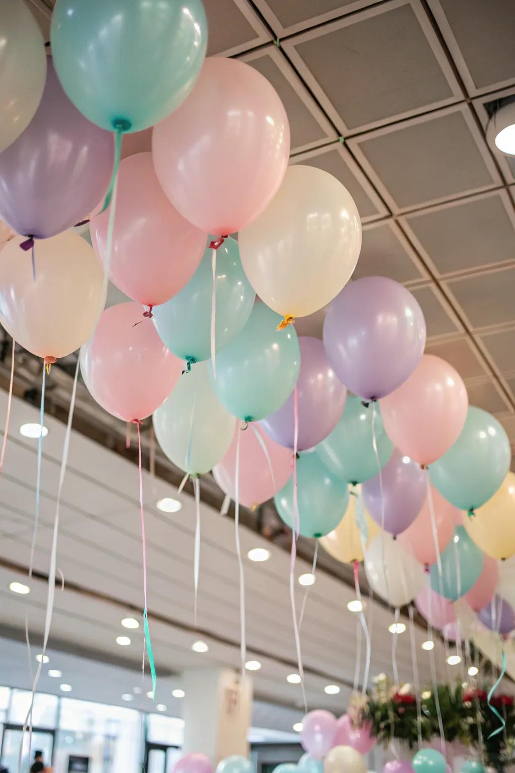 A whimsical balloon ceiling conjures a fairy tale setting.