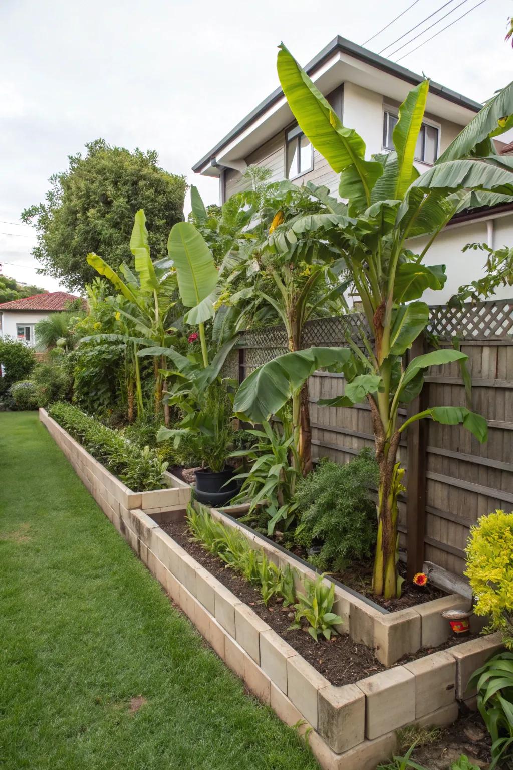 Maximize space with tiered banana tree arrangements.