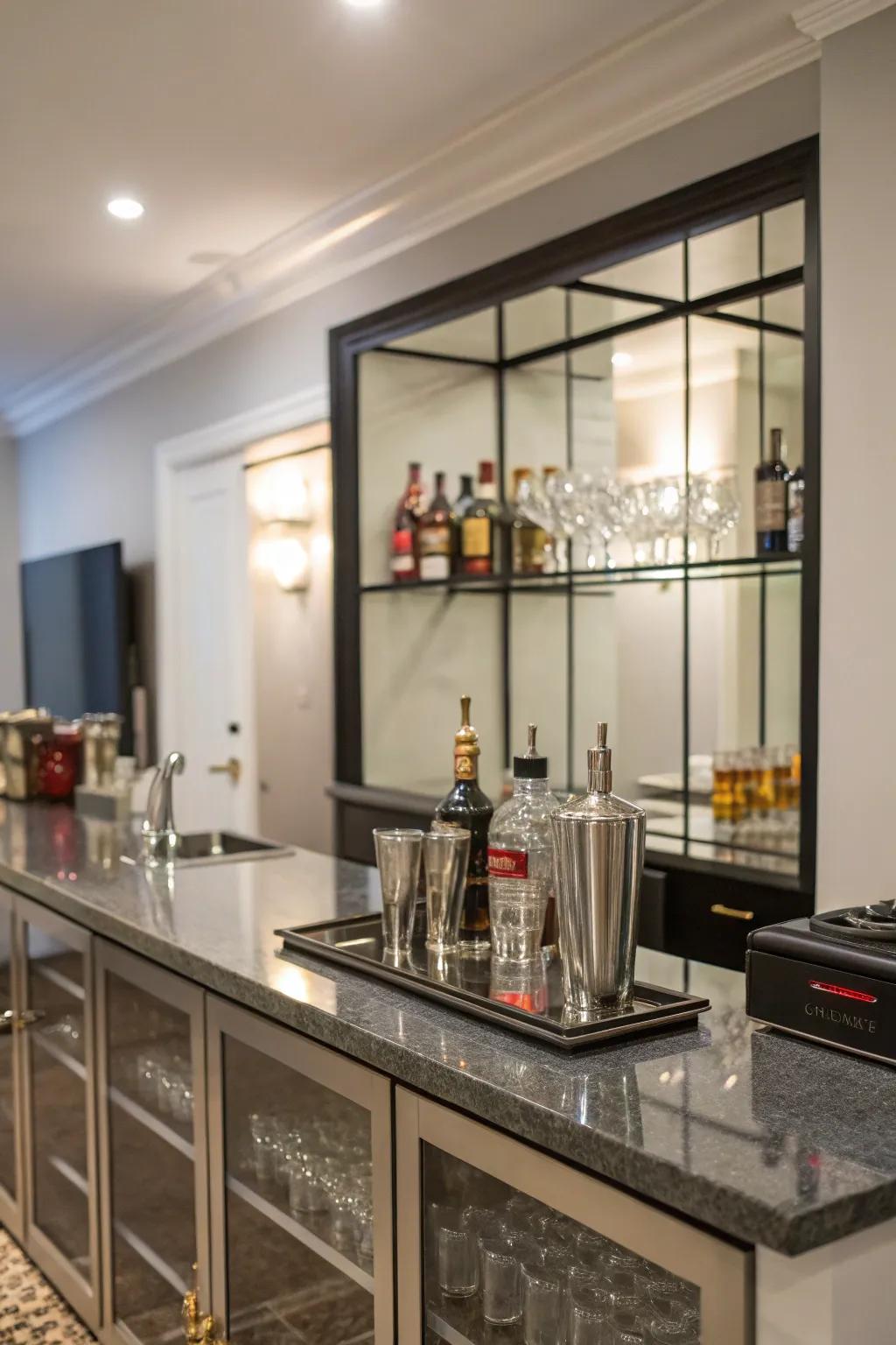 Useful surfaces located beneath mirrored shelving which makes it easy to prepare drinks.