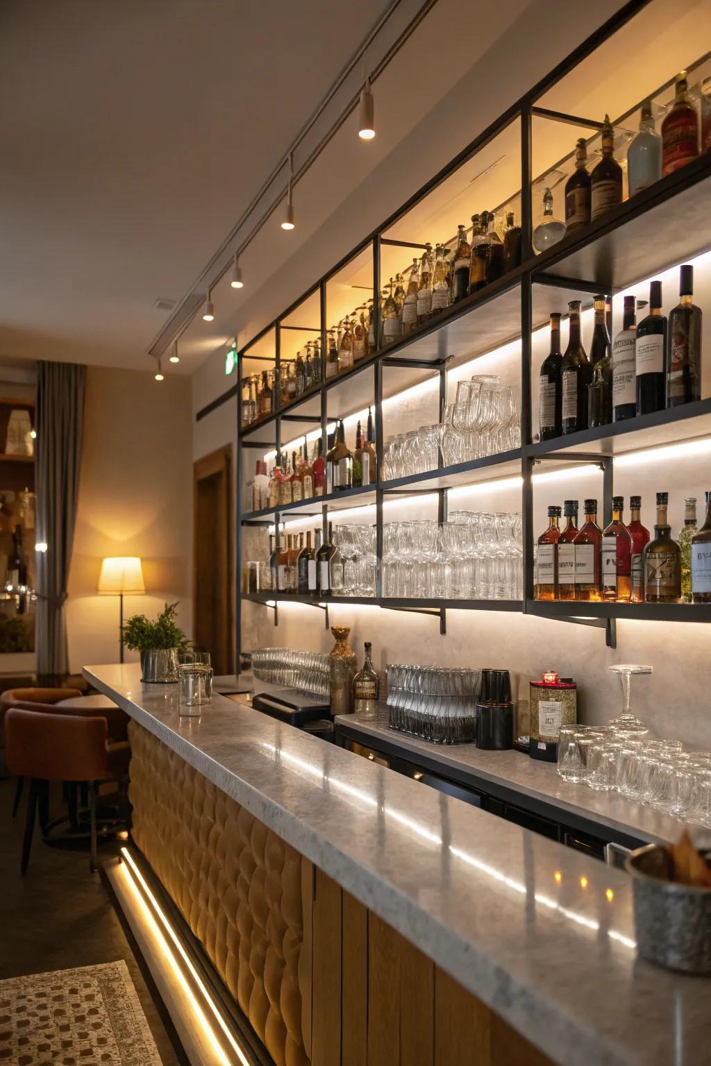 Utilizing vertical dimensions ensures the bar space remains orderly and spacious.