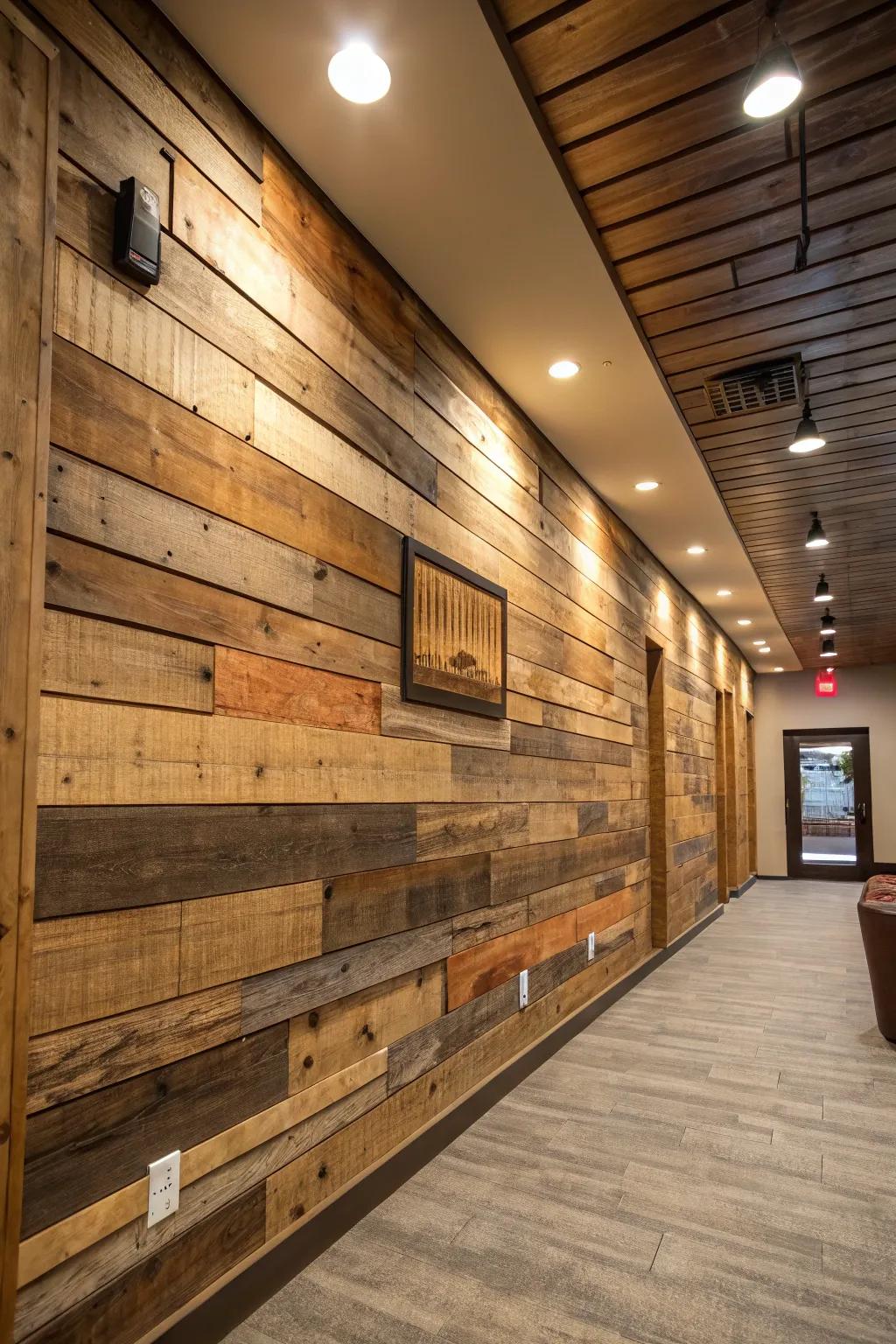 Design a vibrant feature wall by layering wood boards.