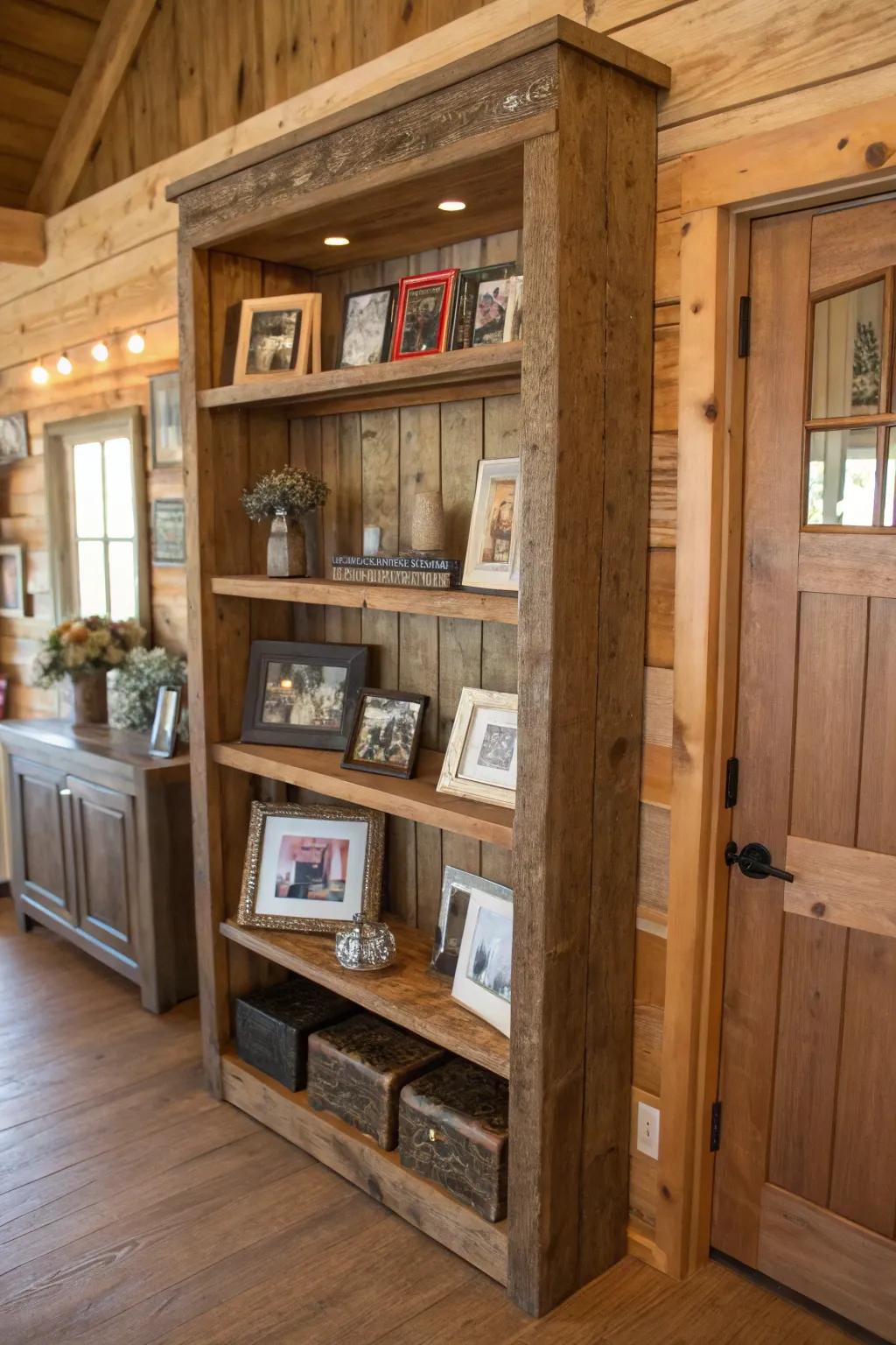 Repurposed wood-look frame used in a shelving unit.