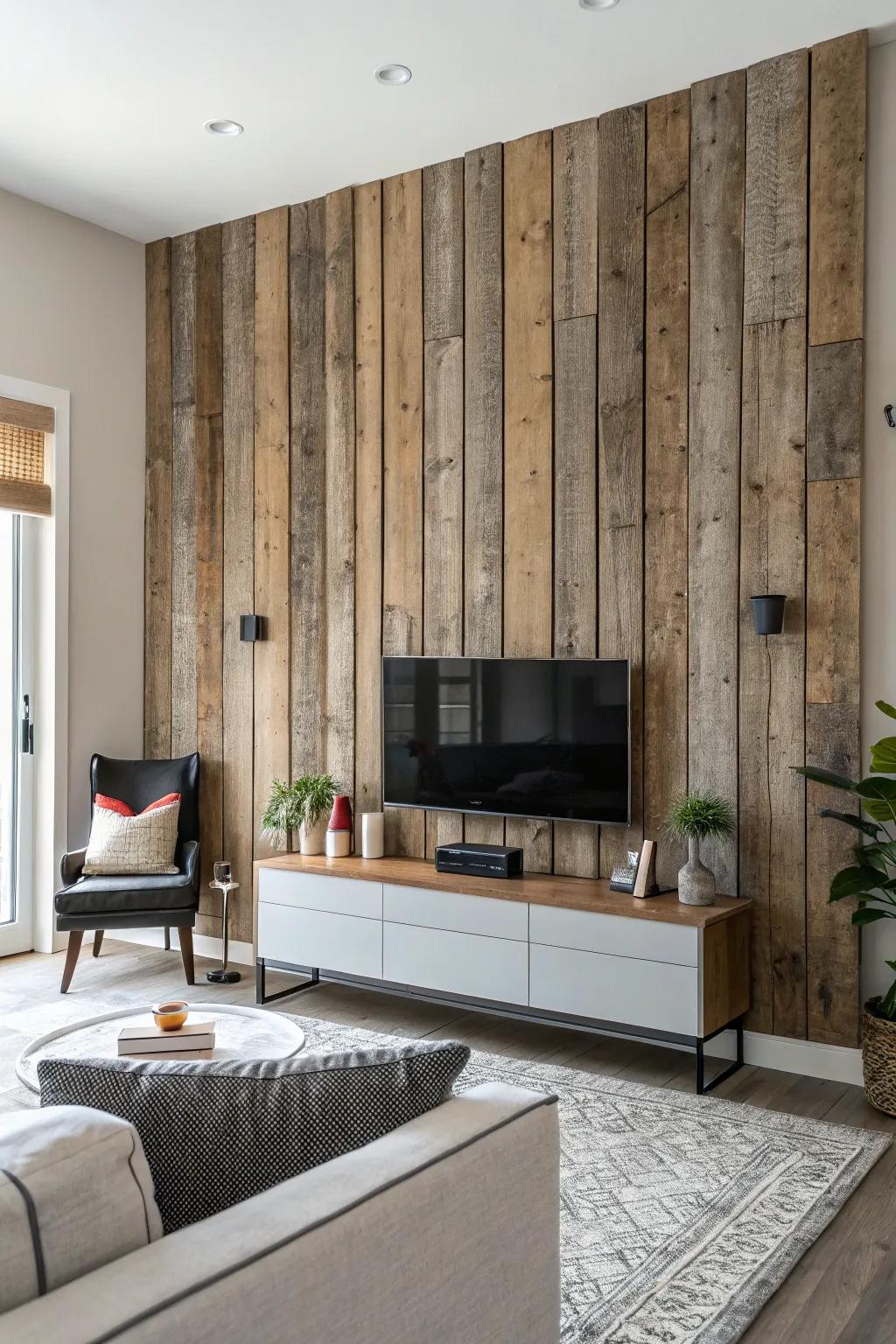 Vertical wood plank boards creating a striking backdrop.